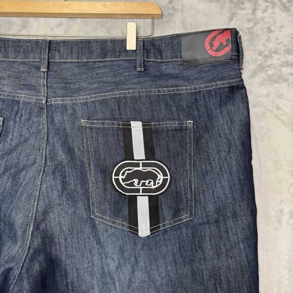 Ecko Unltd Shorts Mens 48 Blue Denim Dark Wash Embroidered Rhino Logo Y2K Baggy - Picture 10 of 10